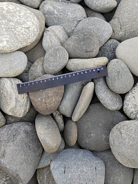 Kamenclub.ru: Галька речная плоская (серо-белая) фр. 70-120 мм. купить в Екатеринбурге галька галечник речной серый, белый окатанная плоская  природная галька 9000 руб/т   фото КАМЕНЬ КЛУБ