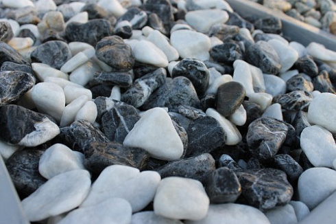 Kamenclub.ru: Мраморная крошка (щебень галтованный микс:: белый-черный) фр.20-40 мм  купить в Екатеринбурге мрамор белый, черный мраморный галтованный щебень 15500 руб/т   фото КАМЕНЬ КЛУБ